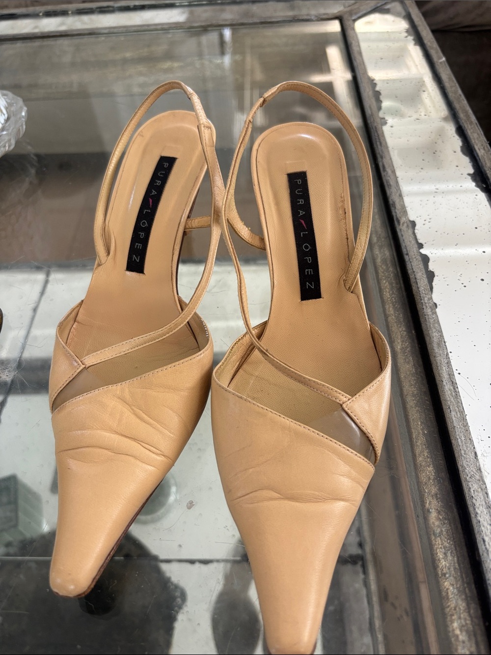 Pura Lopez Beige Pointed-Toe Slingback Heels Made In Spain